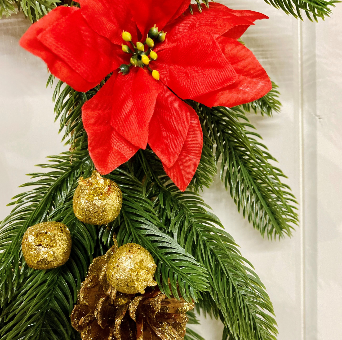 Christmas Wreath Red Poinsettias & Pinecones Finished With A Tartan Bow