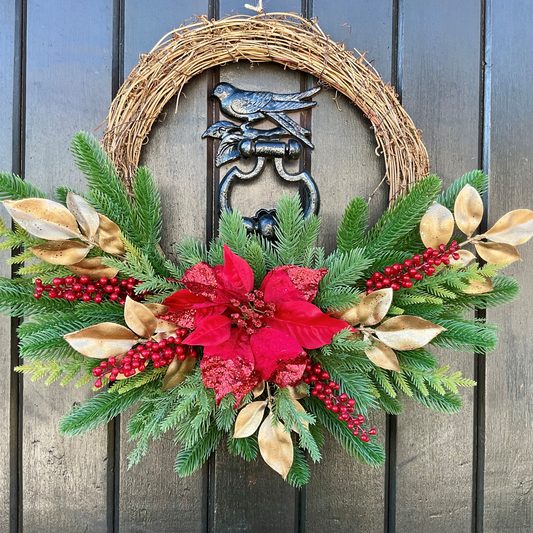 Red Poinsettia Red Berries On Gold Beech Leaves and Green Pines Half Style Door Wreath