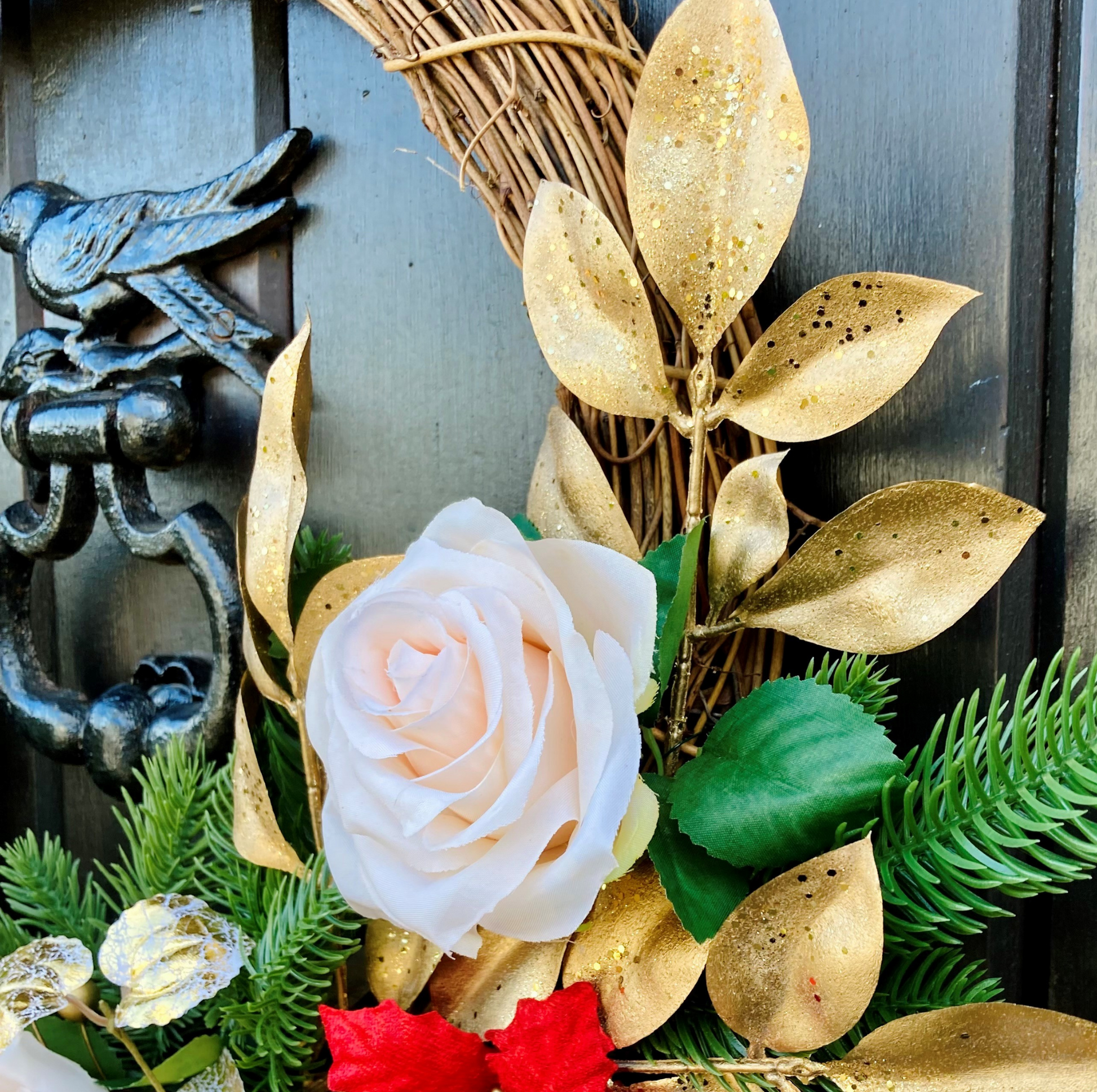 Christmas Ornate Rose and Poinsettia Half Door Wreath