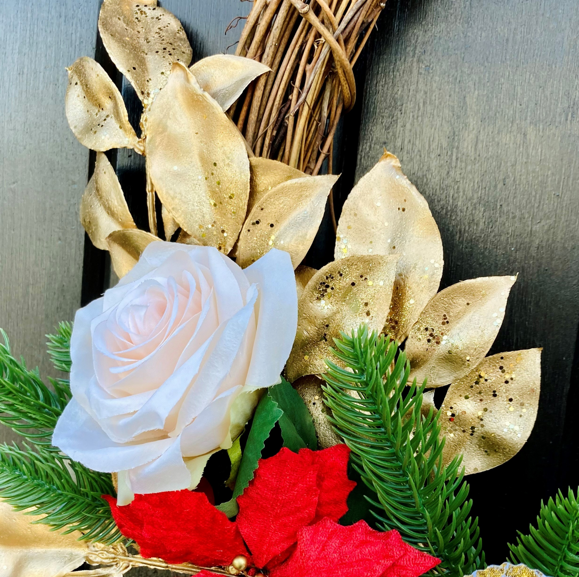 Christmas Ornate Rose and Poinsettia Half Door Wreath