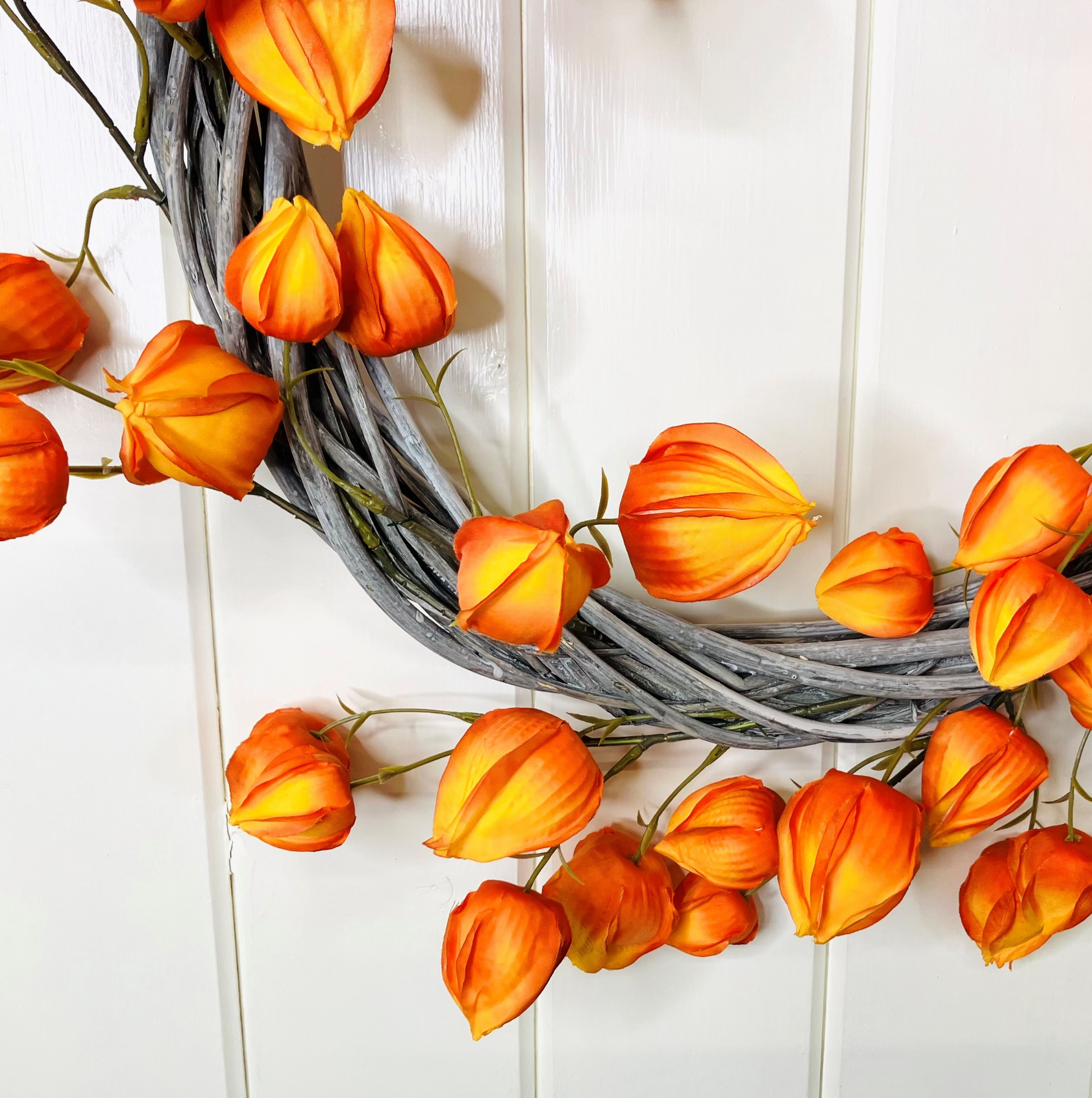 Chinese Laterns On A Chunky Grey Washed Willow Wreath Base