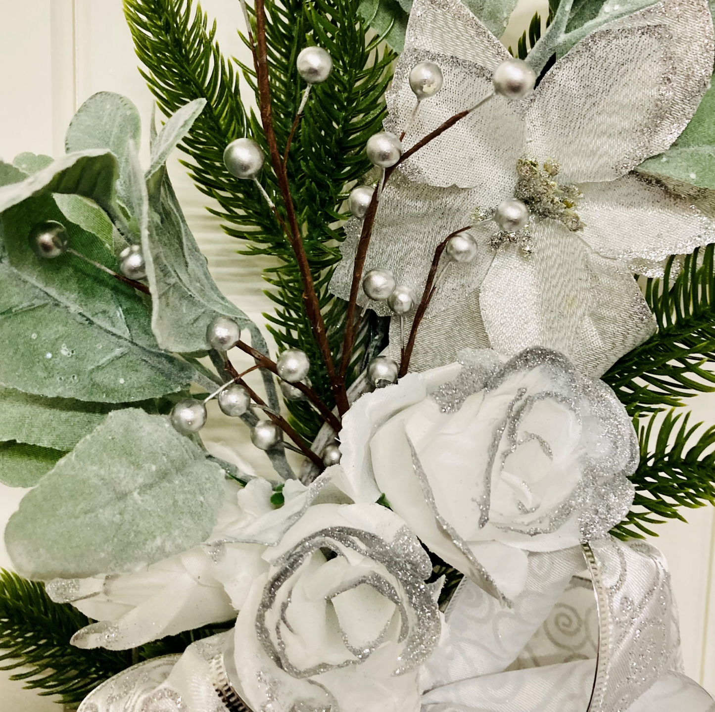 Christmas White Roses & Silver Poinsettia Wreath