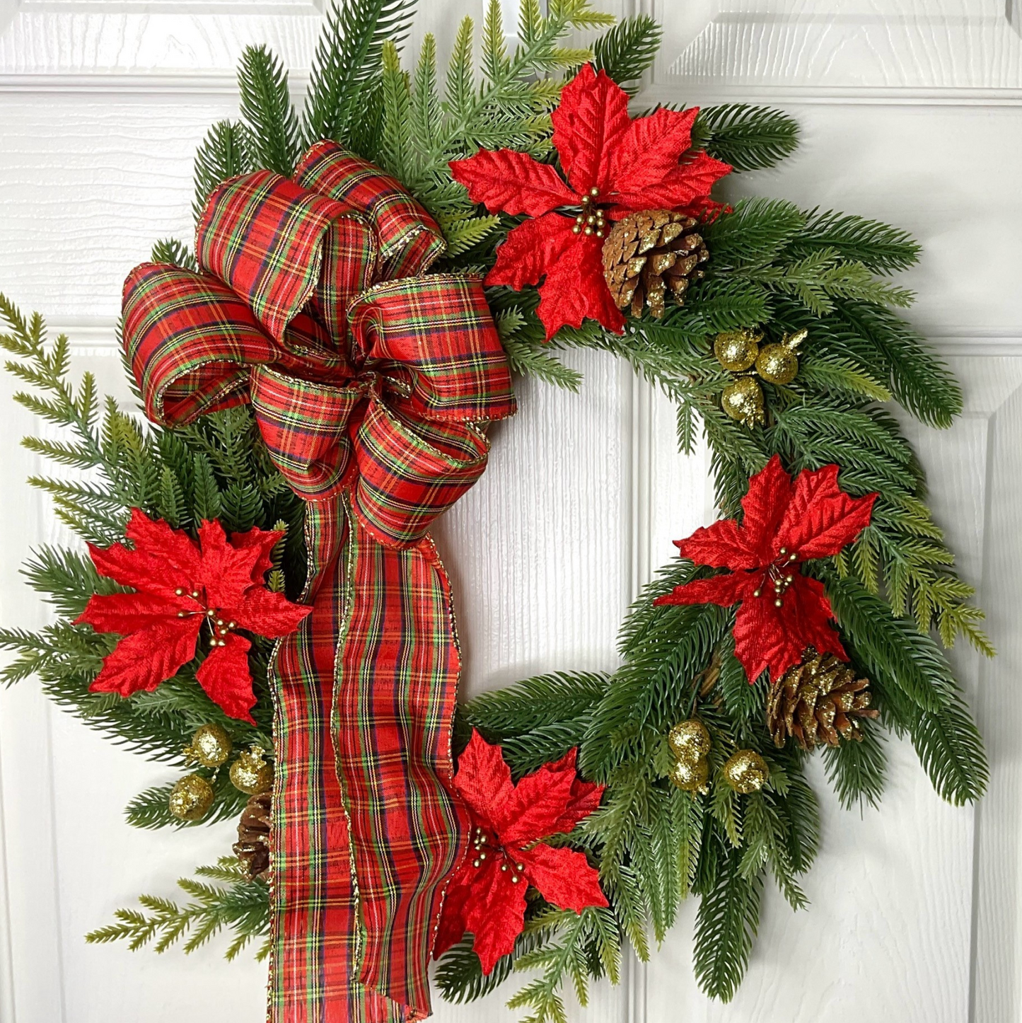 Christmas Wreath Red Poinsettias & Pinecones Finished With A Tartan Bow