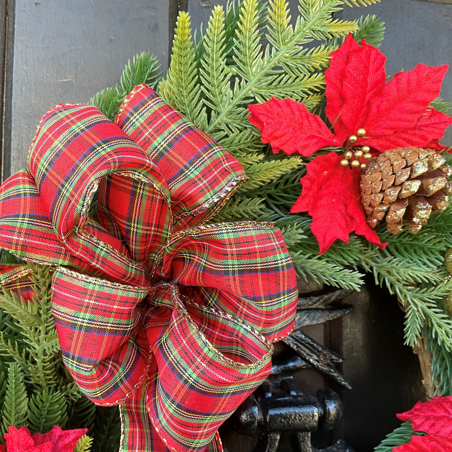 Christmas Wreath Red Poinsettias & Pinecones Finished With A Tartan Bow