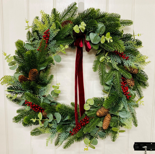 Christmas Wreath In A Traditional Style With Faux Berries, Pinecones and Pines