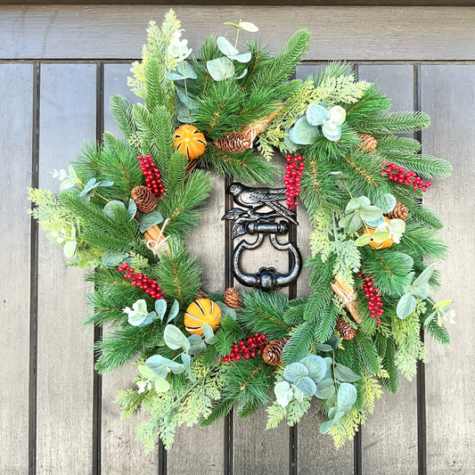 Traditional Christmas Door Wreath with Pines, Cedar Leaves, Oranges, Cinnamon Sticks, Eucalyptus