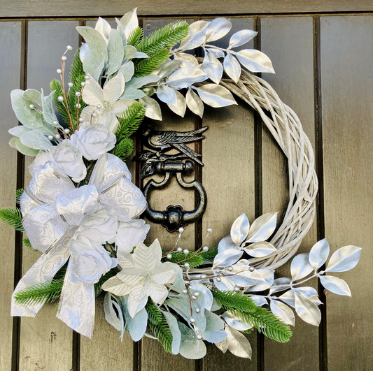 Christmas White Roses & Silver Poinsettia Wreath