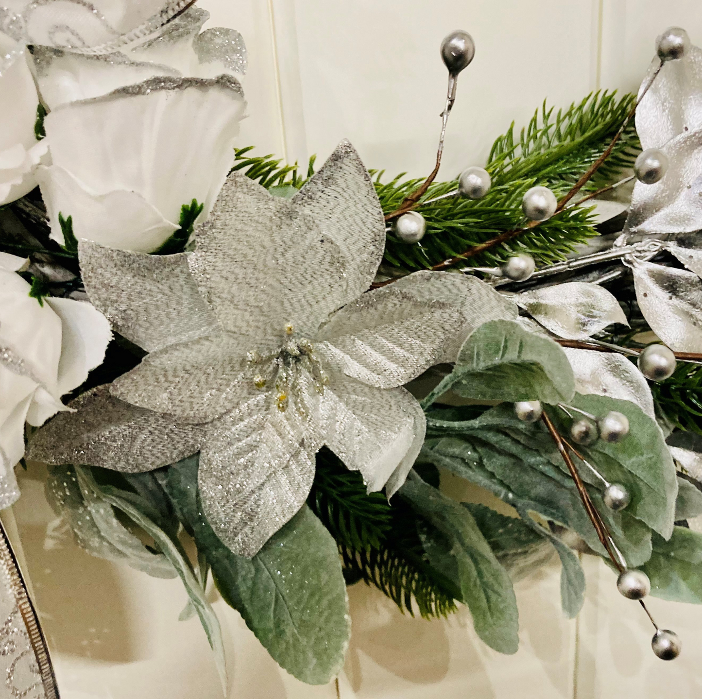 Christmas White Roses & Silver Poinsettia Wreath