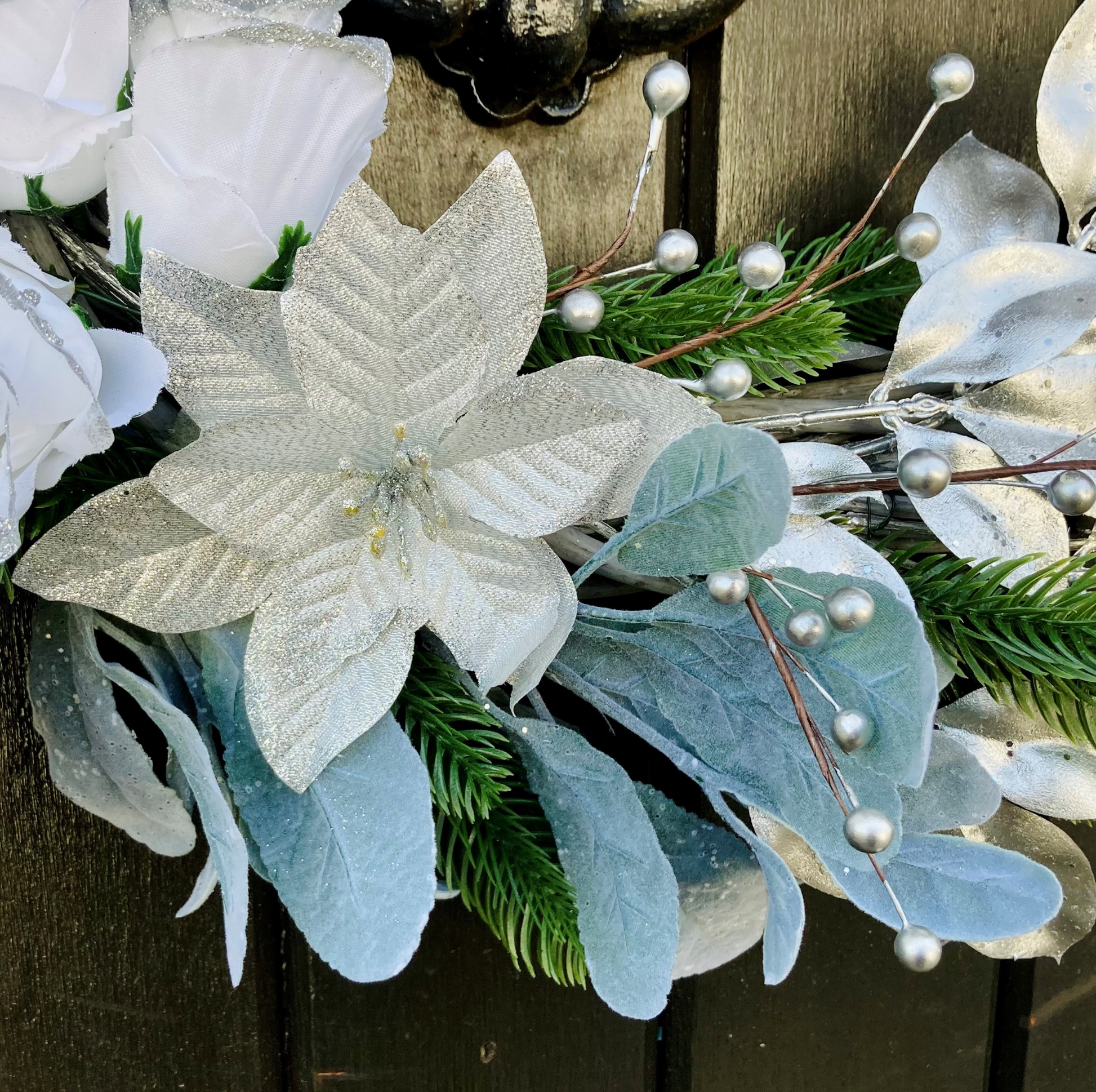 Christmas White Roses & Silver Poinsettia Wreath