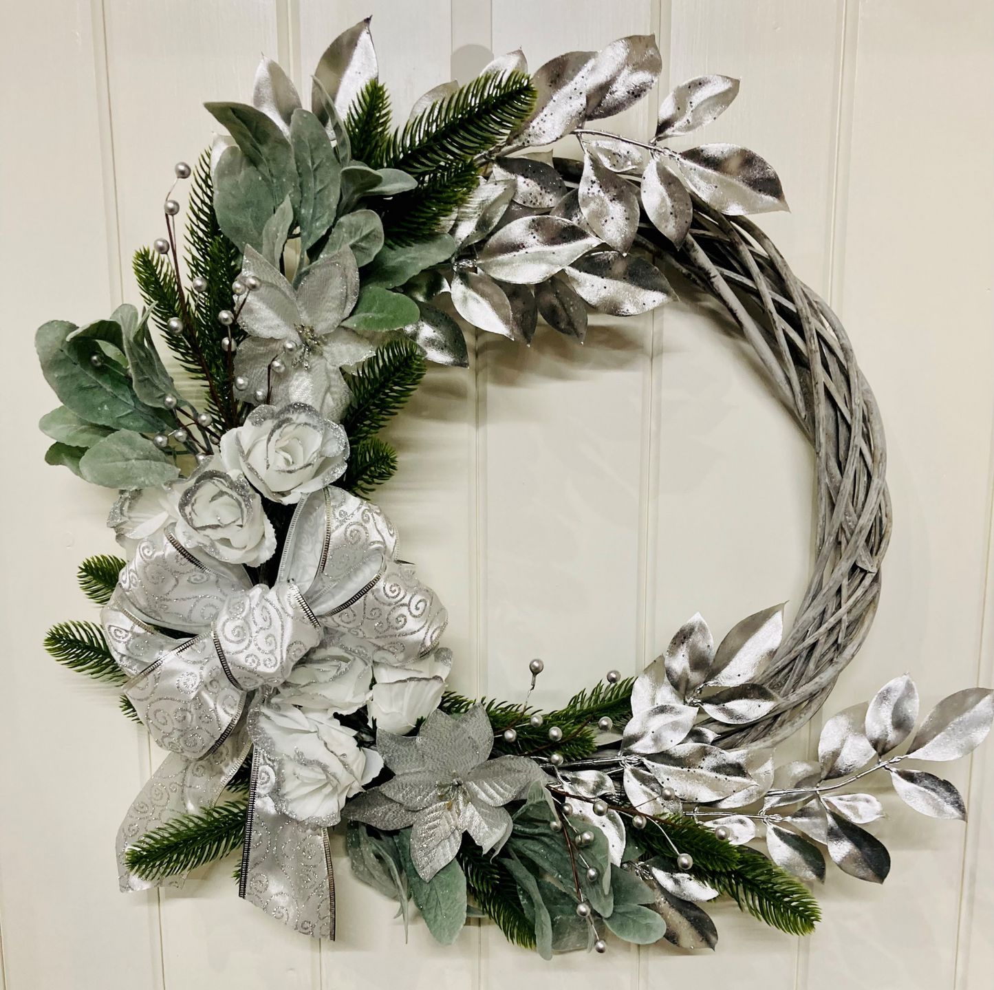 Christmas White Roses & Silver Poinsettia Wreath